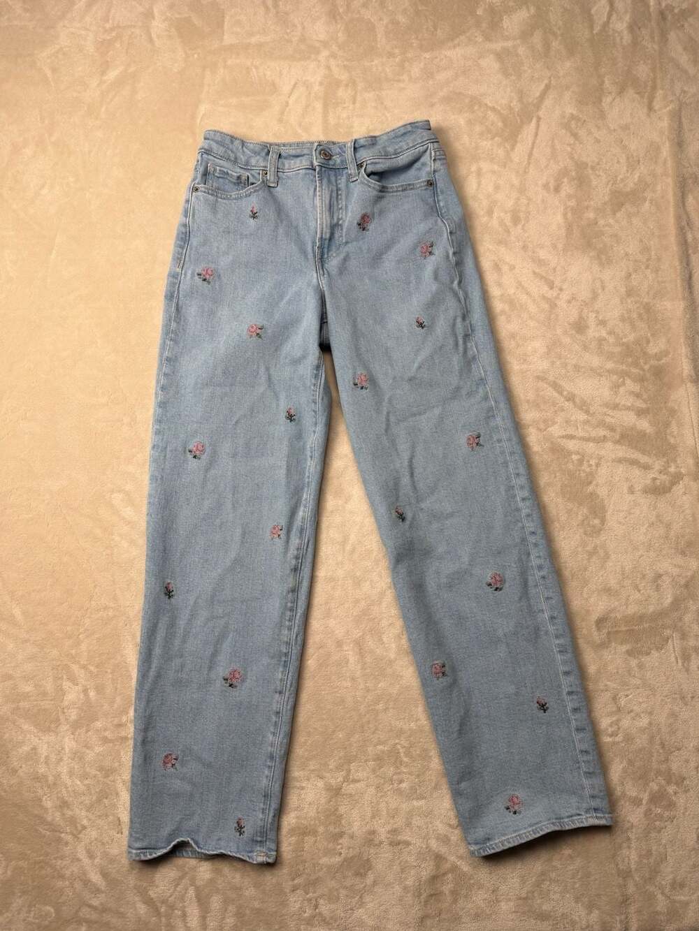 Old Navy High Rise OG Loose Jeans Size 2 Light Wash Floral Embroidered